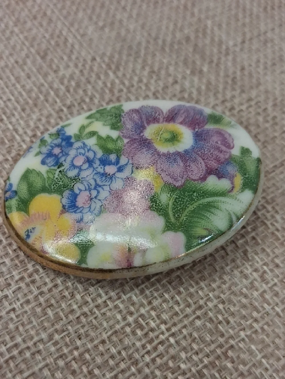 Floral Porcelain Brooch Gold Tone Oval Vintage Style Multicolor Pin OS